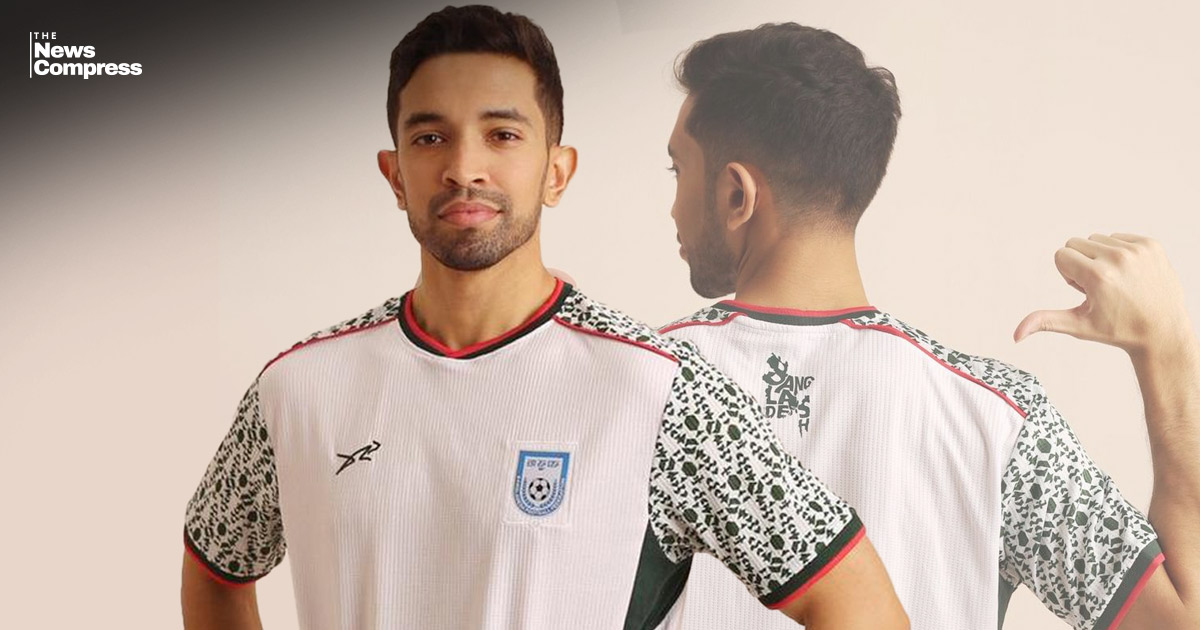 Home jersey of national football team: Tiger’s face, doel, hilsa in jamdani motif